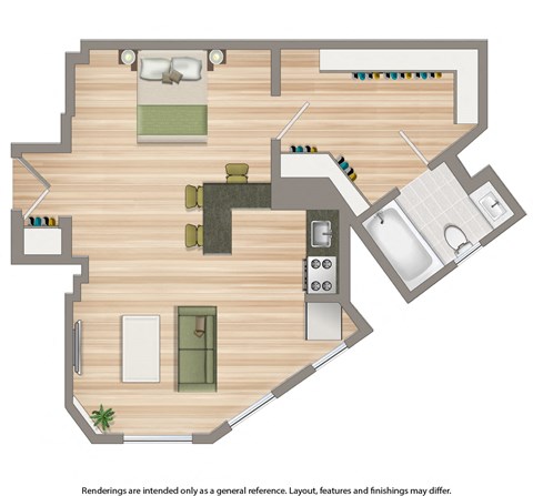 wakefield hall apartments studio floor plan rendering